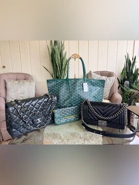 CHANEL Black Quilted Lambskin Flap & Chevron Boy Bags with Teal Goyard Tote